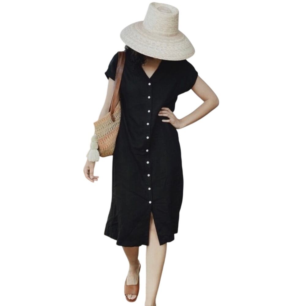 TWO DAYS OFF Women’s Haruko Black Linen Button Front Midi Dress Small